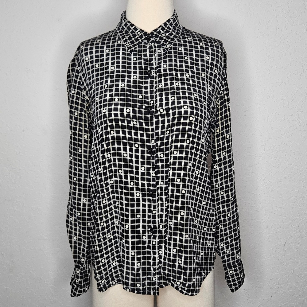 VTG Alfani Womens 100% Silk Button Down Shirt Black White Grid Polka Dot Size 8